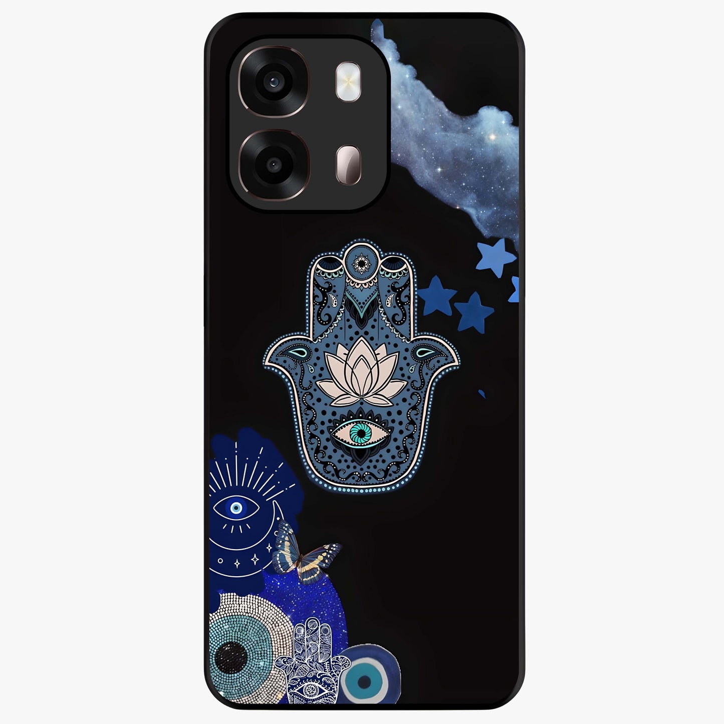 Mystic Hand Aura Glass Case showing flat back view with mystical hand symbol artwork and glossy glass finish.