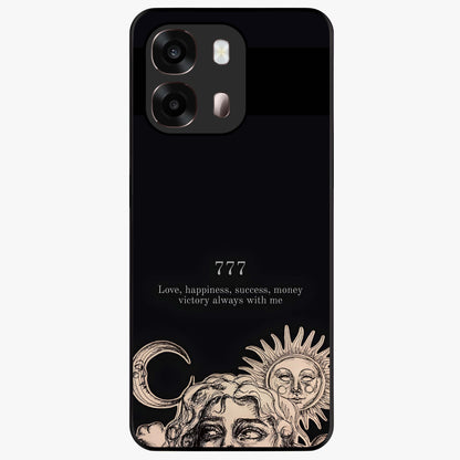 Mystic Victory Aura Glass Case showing flat back view with victory symbol artwork and glossy glass finish.