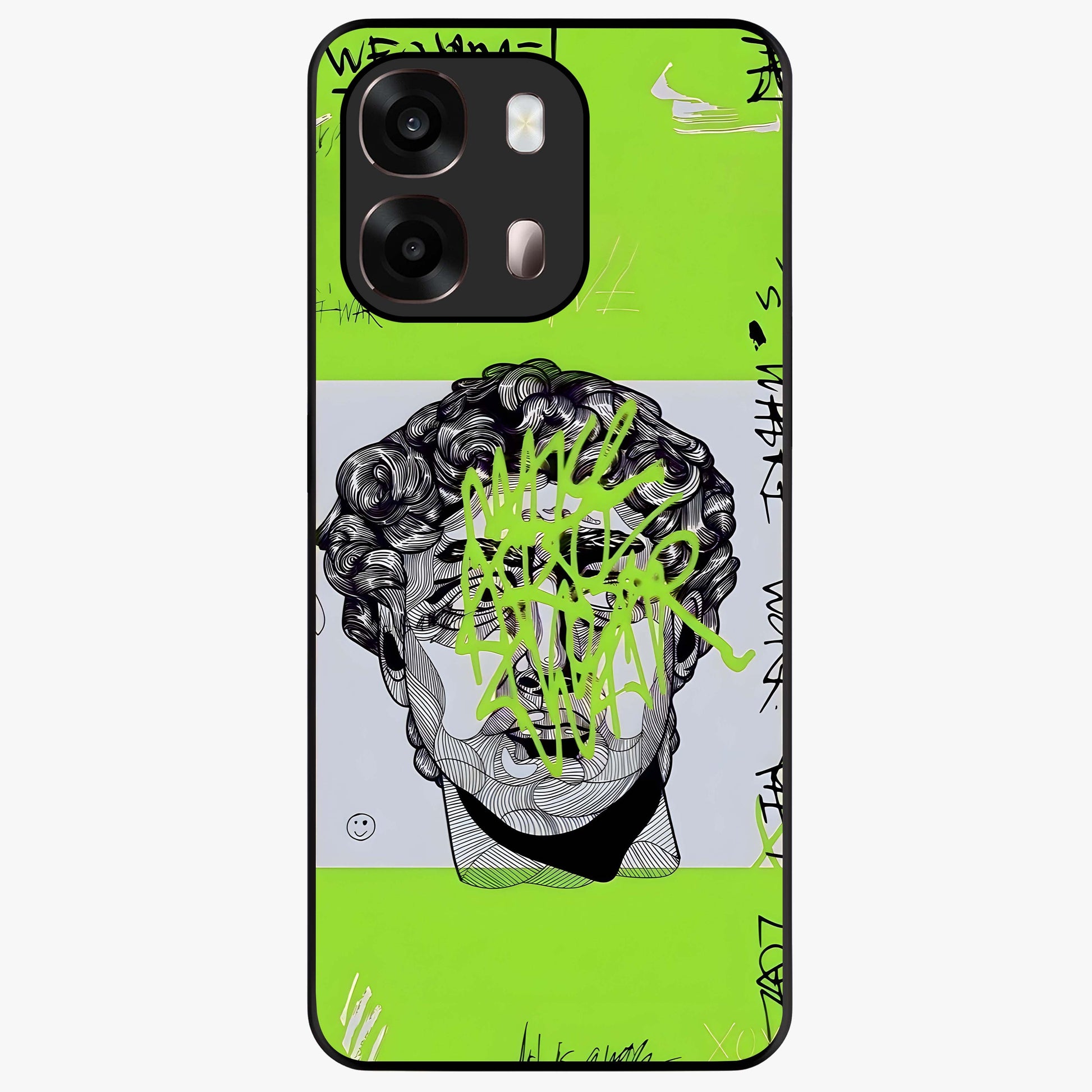 Neo Graffiti Rebellion Glass Case showing flat back view with vibrant graffiti artwork and glossy glass finish.