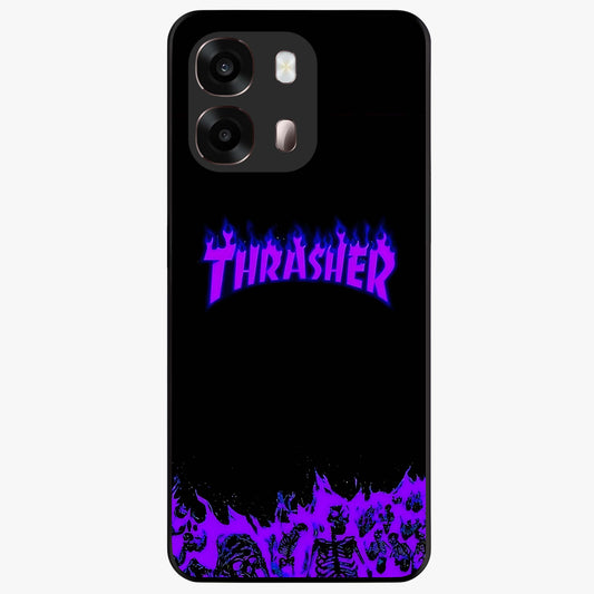 Neon Flame Riot Glass Case showing flat back view with neon flame artwork and glossy glass finish.