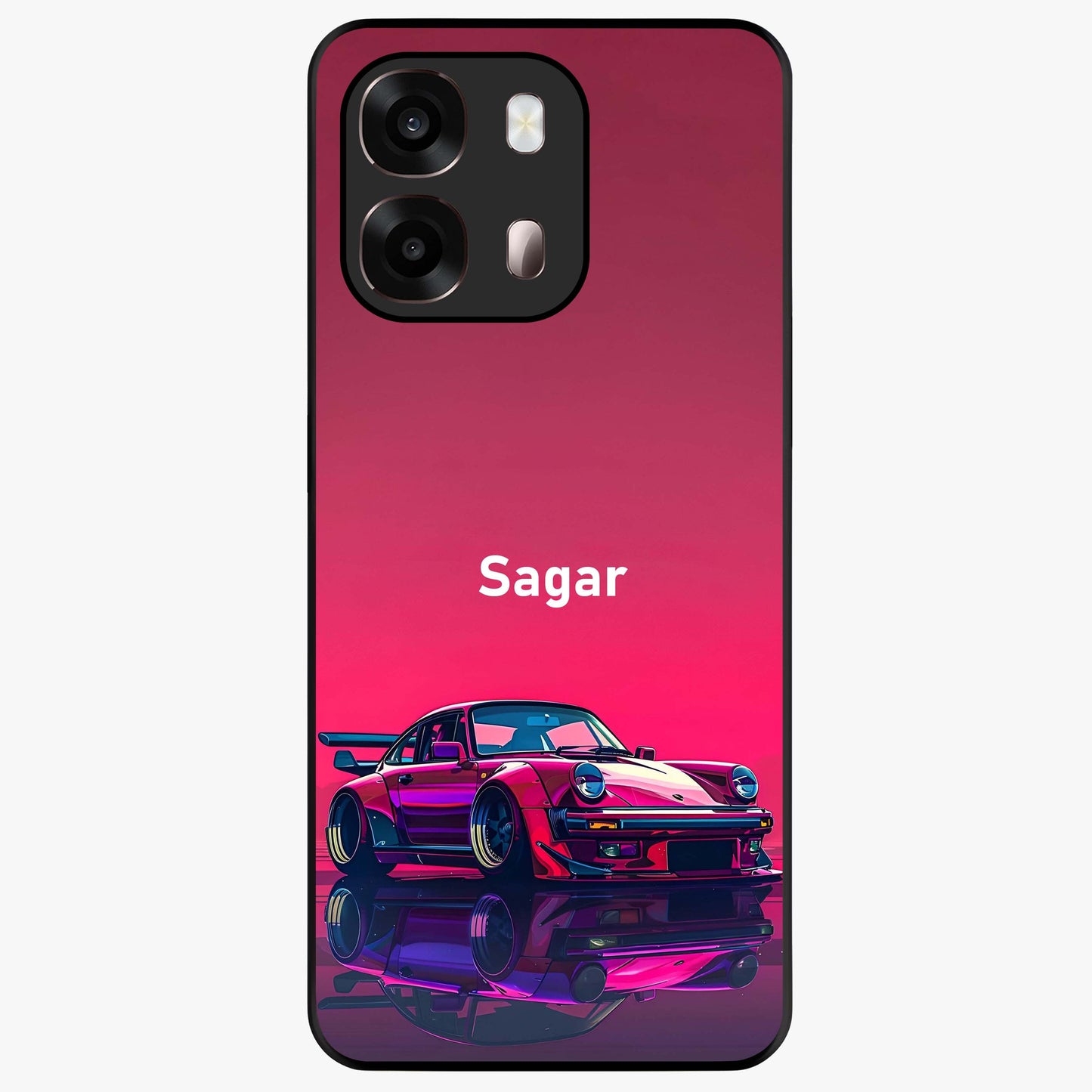 Neon Pink Porsche Glass Case showing flat back view with stylish sports car artwork and glossy glass finish.