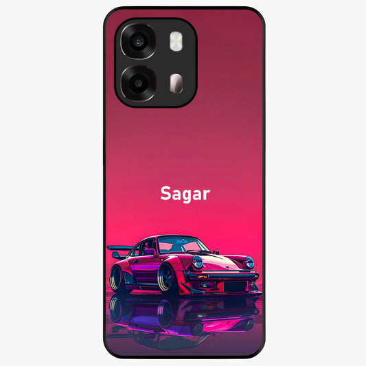 Neon Pink Porsche Glass Case showing flat back view with stylish sports car artwork and glossy glass finish.