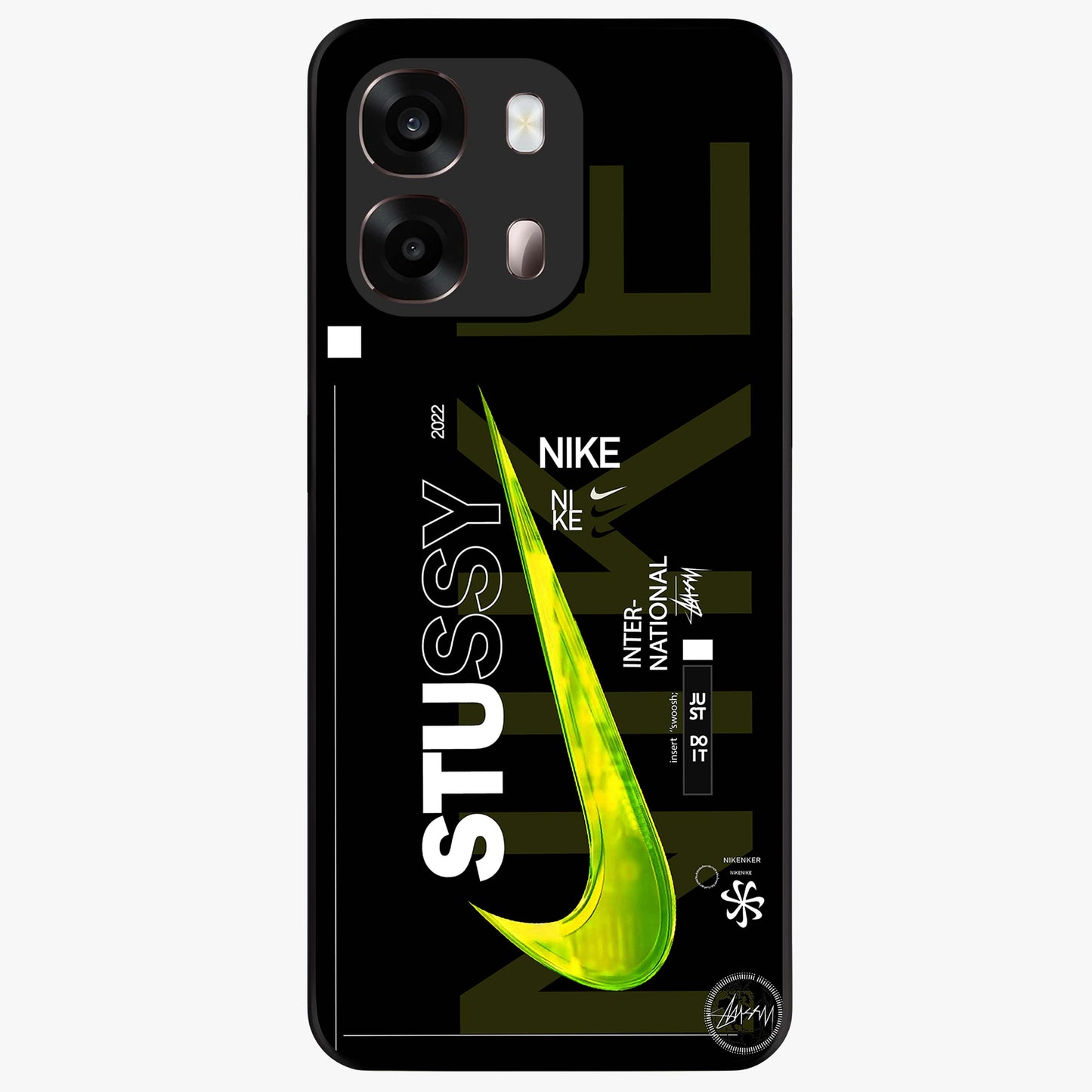 Neon Street Edition Glass Case showing flat back view with neon street style artwork and glossy glass finish.