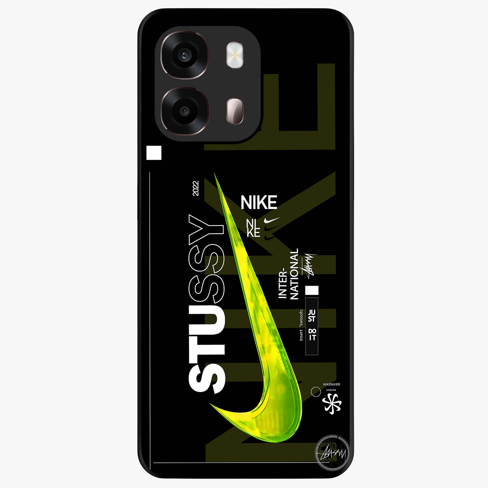 Neon Street Edition Glass Case showing flat back view with neon street style artwork and glossy glass finish.