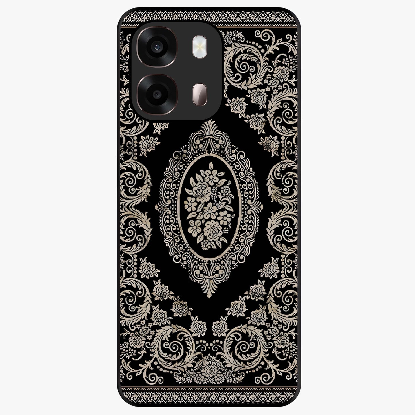 Noir Bloom Elegance Glass Case showing flat back view with elegant dark floral artwork and glossy glass finish.
