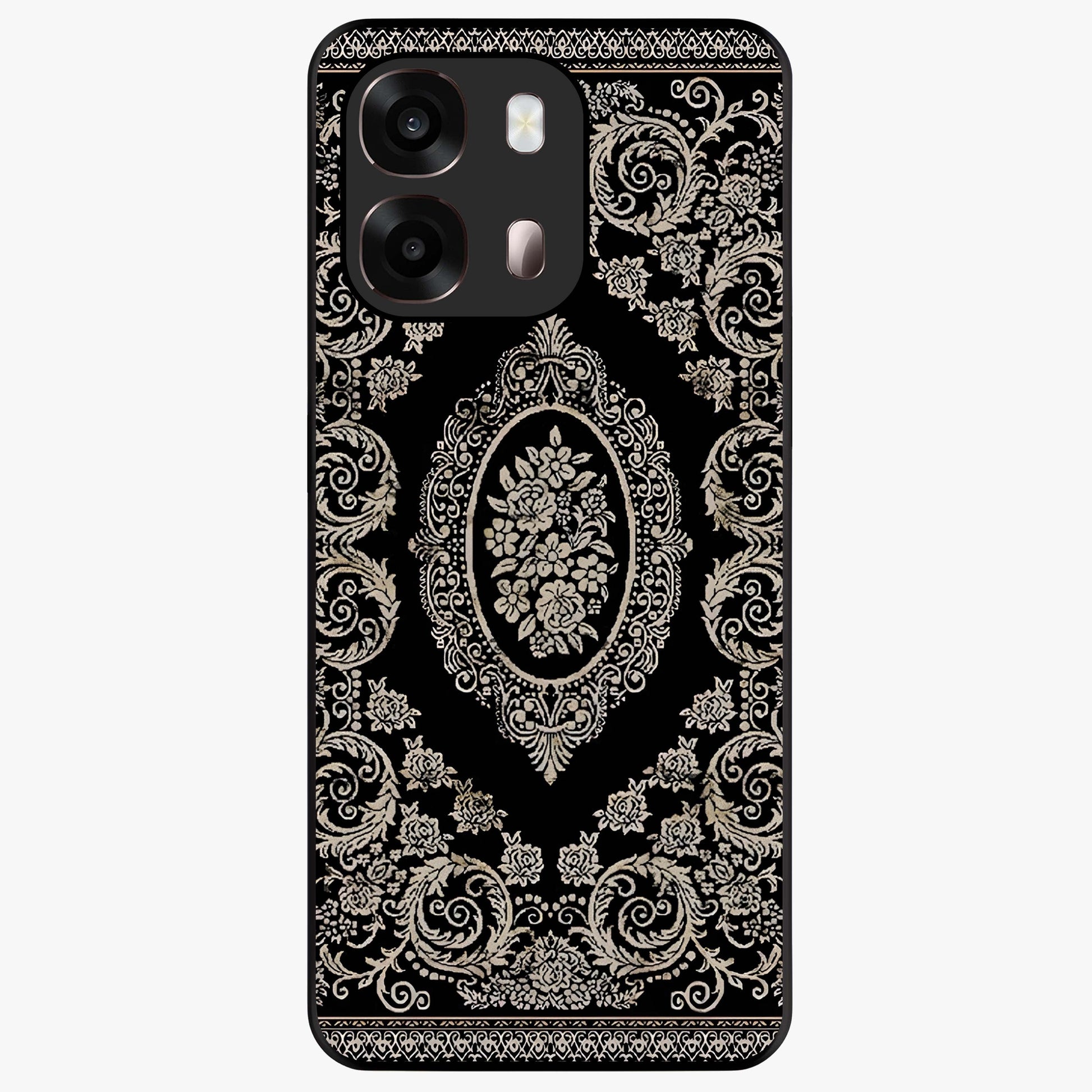 Noir Bloom Elegance Glass Case showing flat back view with elegant dark floral artwork and glossy glass finish.