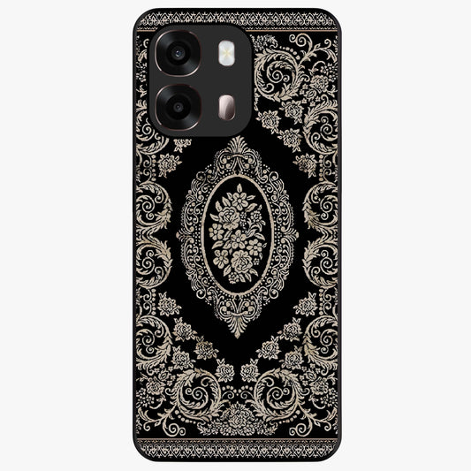 Noir Bloom Elegance Glass Case showing flat back view with elegant dark floral artwork and glossy glass finish.