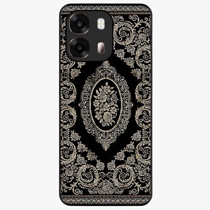 Noir Bloom Elegance Glass Case showing flat back view with elegant dark floral artwork and glossy glass finish.