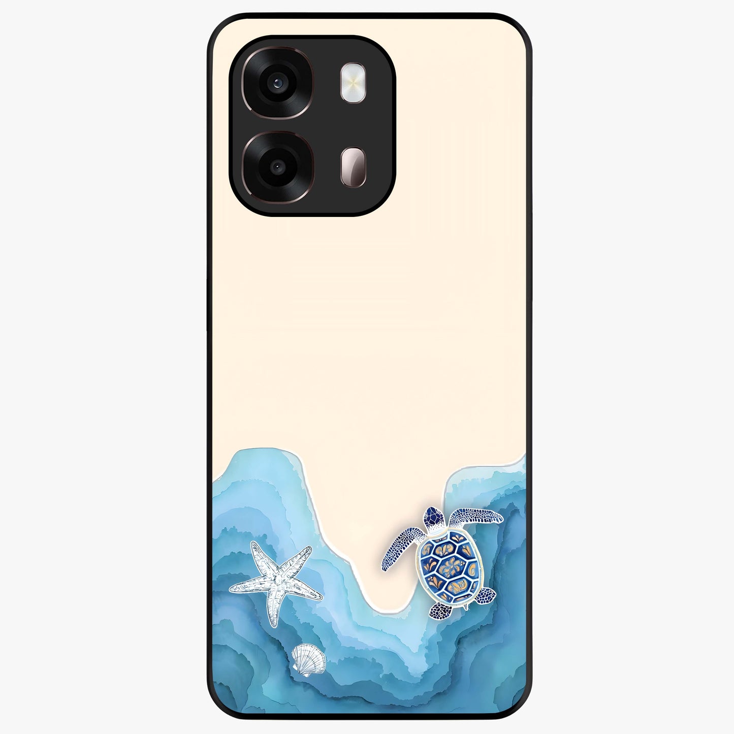 Ocean Drift Turtle Glass Case showing flat back view with sea turtle artwork and glossy glass finish.