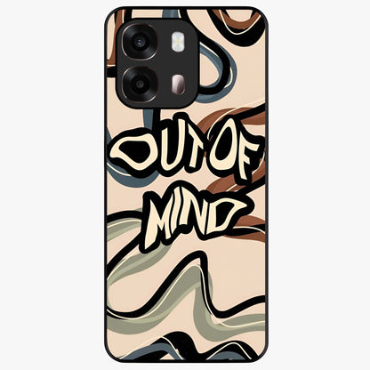 Out Of Mind Glass Case showing flat back view with expressive typography artwork and glossy glass finish.