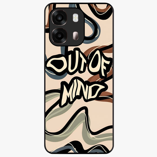 Out Of Mind Glass Case showing flat back view with expressive typography artwork and glossy glass finish.