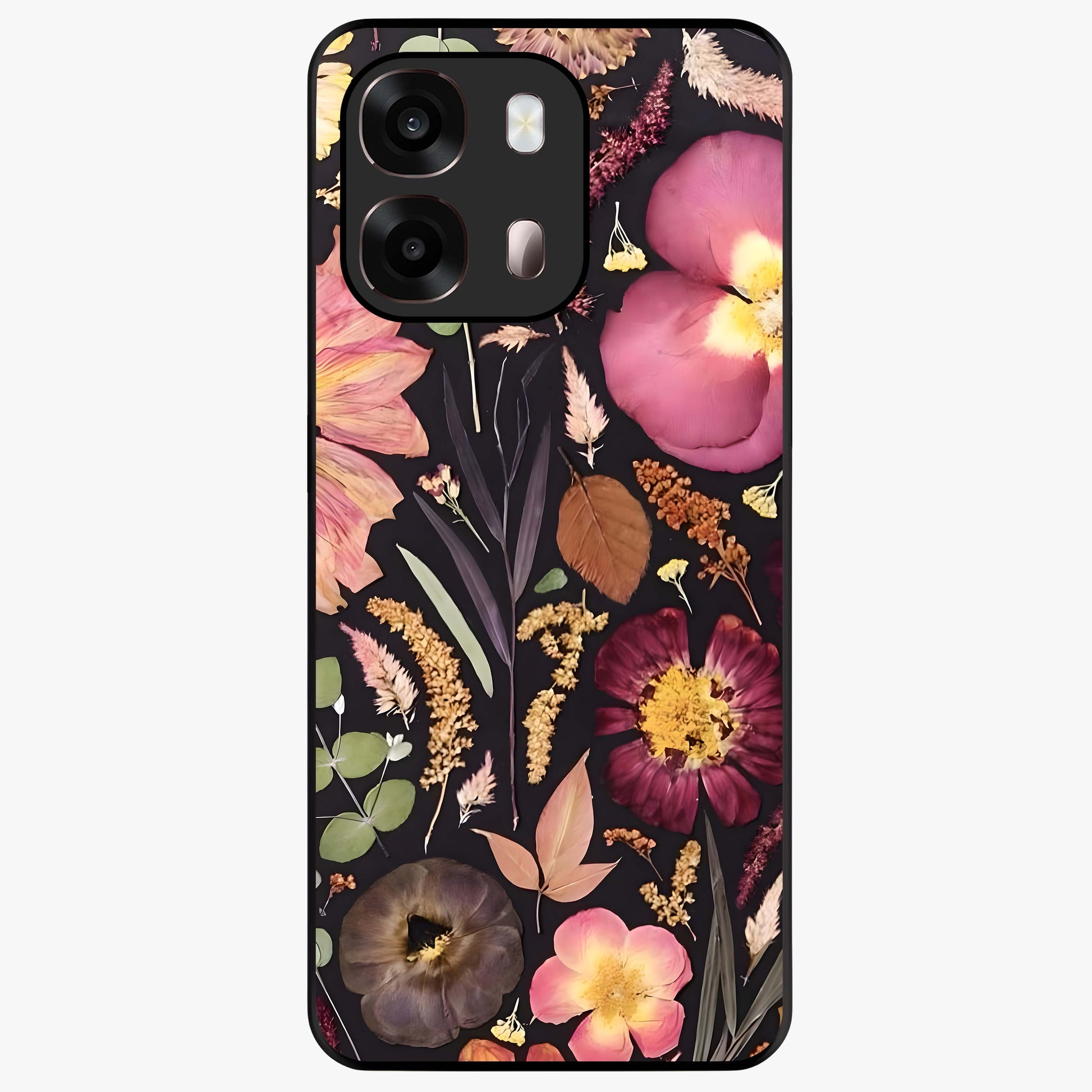 Petal Dream Tapestry Glass Case showing flat back view with intricate floral tapestry artwork and glossy glass finish.
