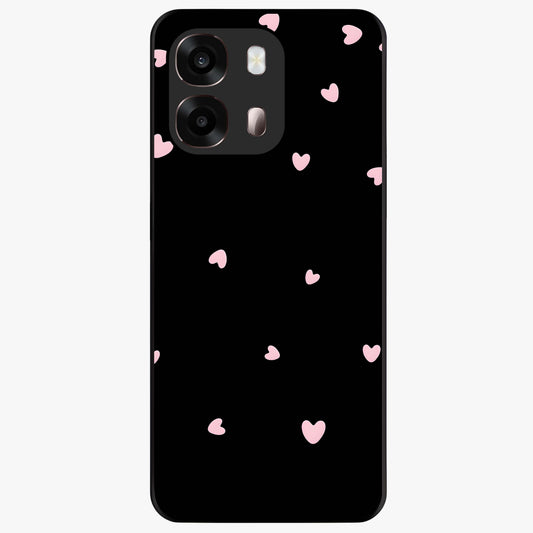 Pink Love Drops Glass Case showing flat back view with playful pink heart drops artwork and glossy glass finish.