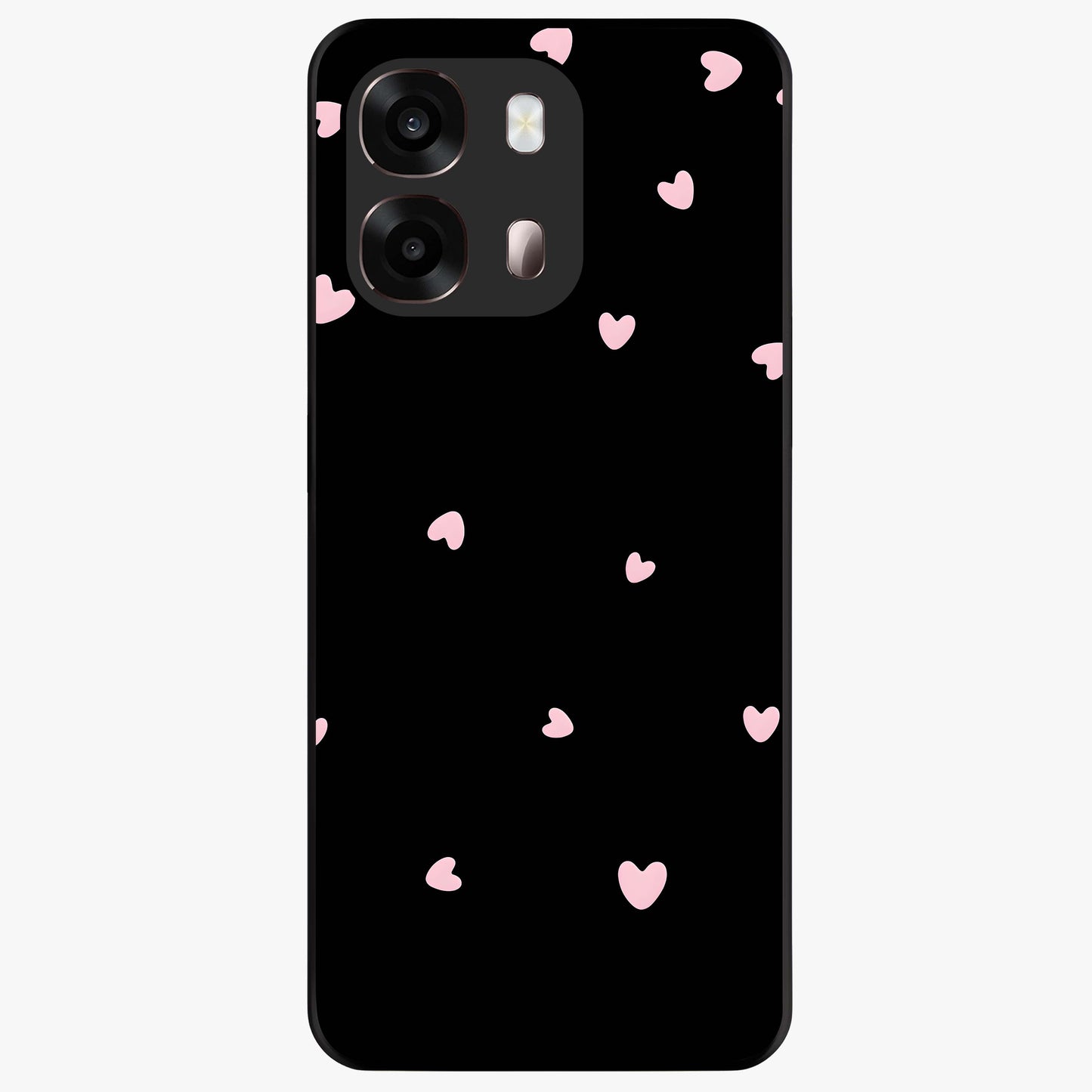 Pink Love Drops Glass Case showing flat back view with playful pink heart drops artwork and glossy glass finish.