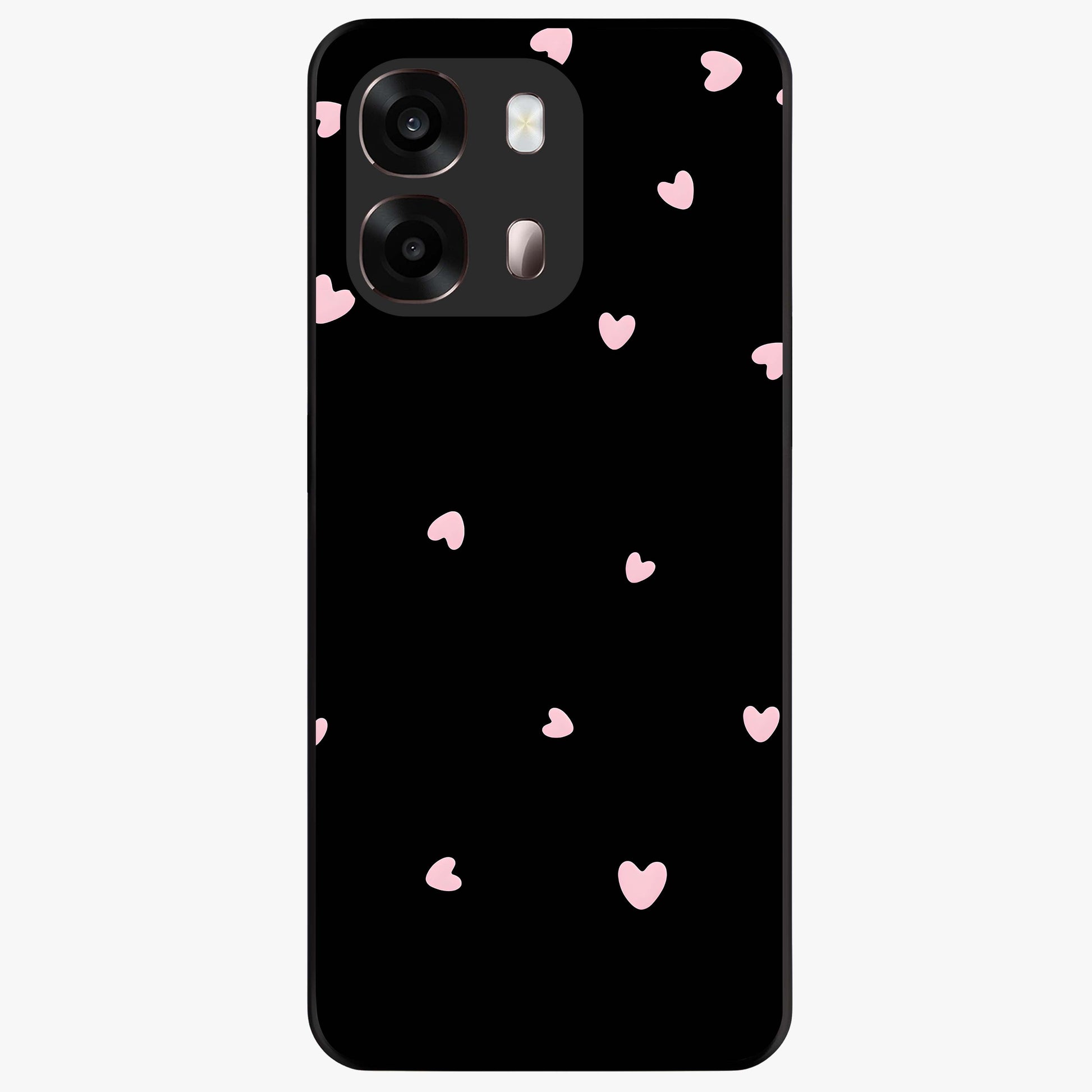 Pink Love Drops Glass Case showing flat back view with playful pink heart drops artwork and glossy glass finish.