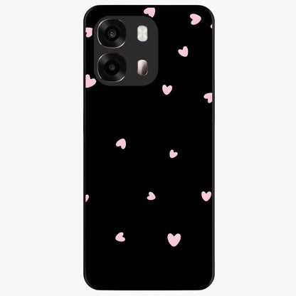 Pink Love Drops Glass Case showing flat back view with playful pink heart drops artwork and glossy glass finish.