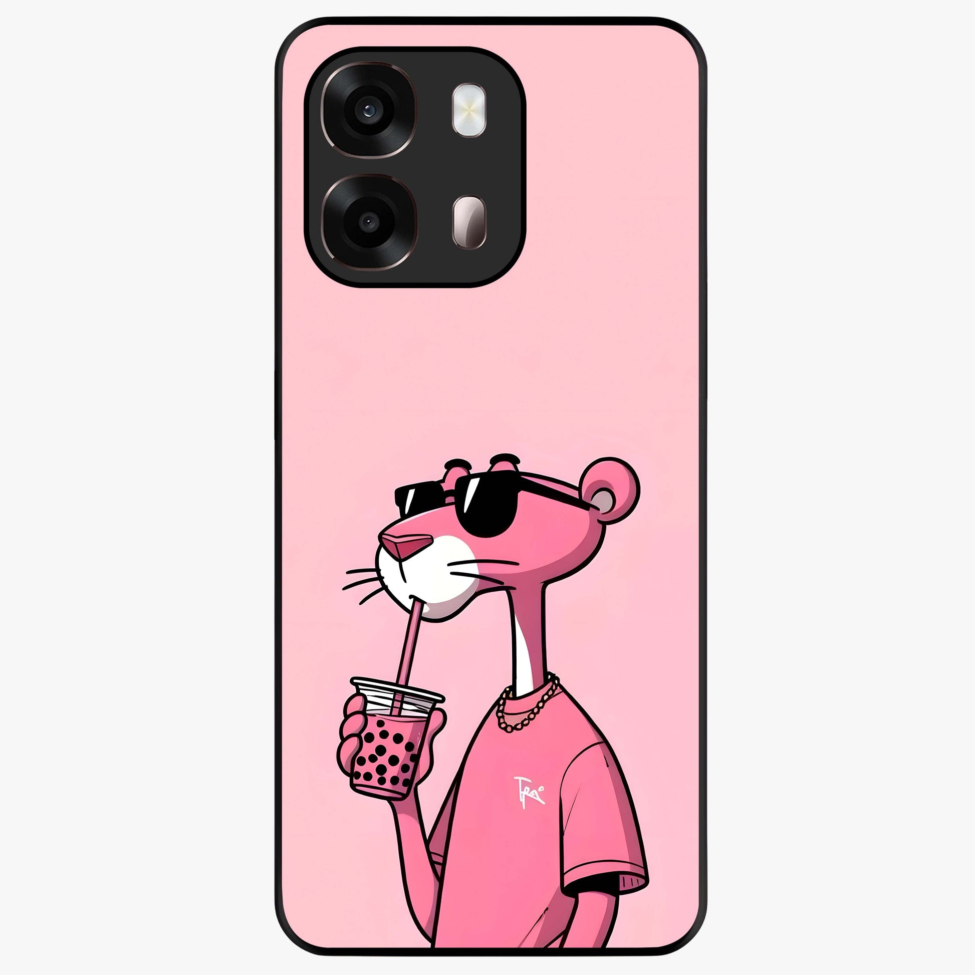 Pink Panther Glass Case showing flat back view with iconic pink panther artwork and glossy glass finish.