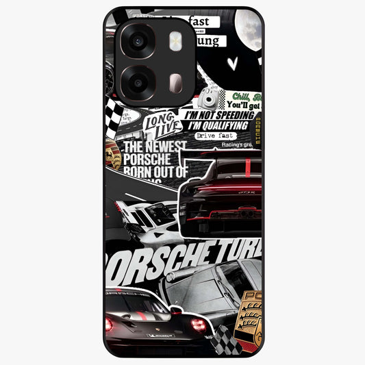 Porsche Racing Collage Glass Case showing flat back view with sports car racing collage artwork and glossy glass finish.