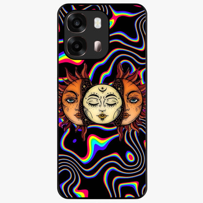 Psychedelic Sun Glass Case showing flat back view with colorful psychedelic sun artwork and glossy glass finish.
