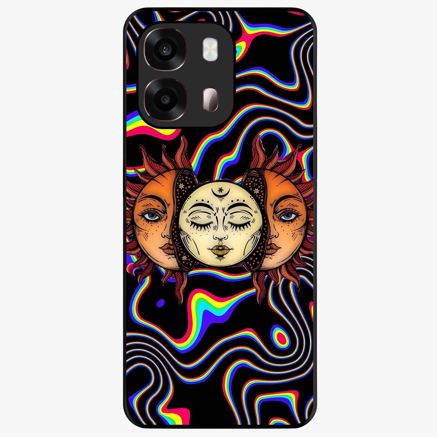 Psychedelic Sun Glass Case showing flat back view with colorful psychedelic sun artwork and glossy glass finish.