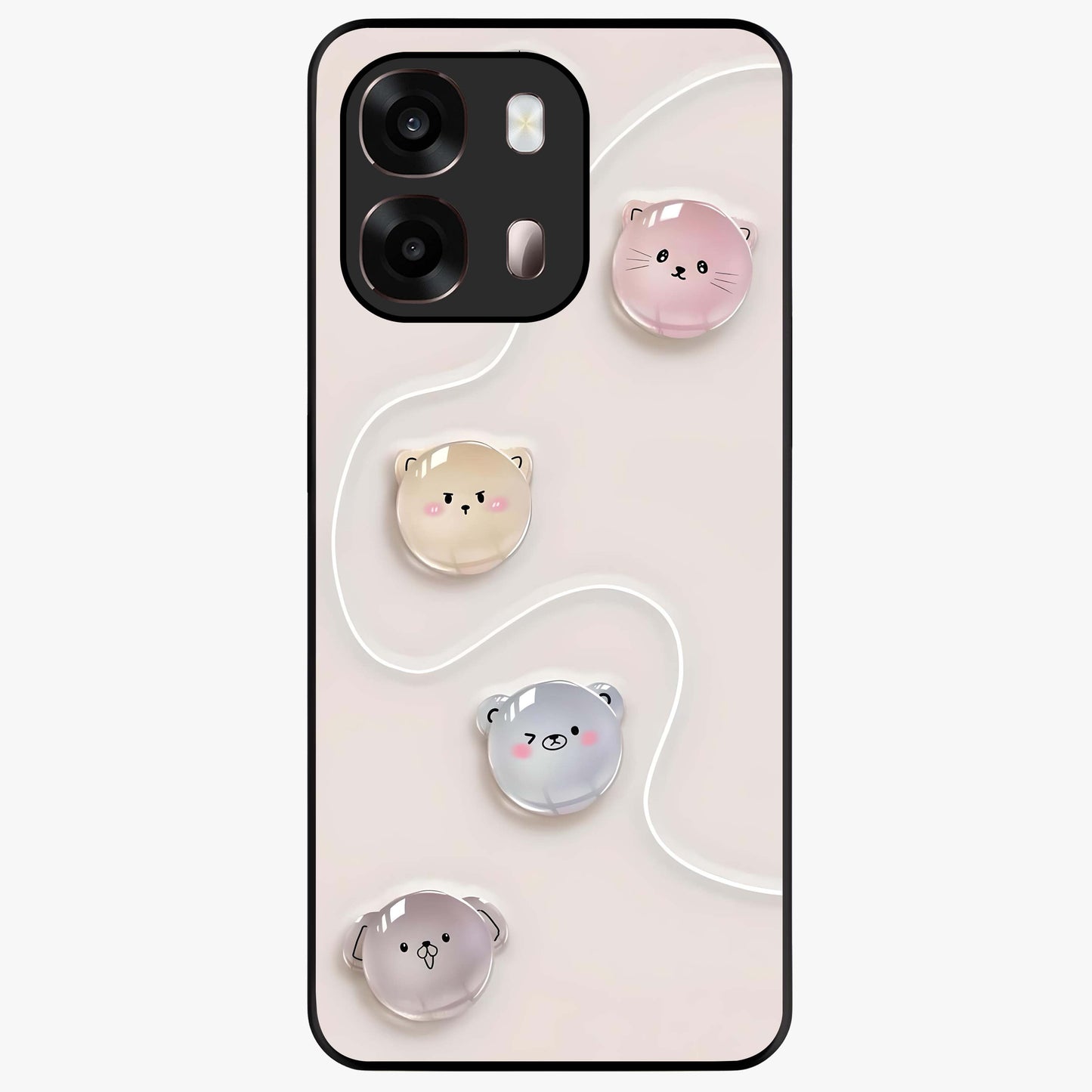 Puffy Face Parade Glass Case showing flat back view with cute puffy character faces artwork and glossy glass finish.