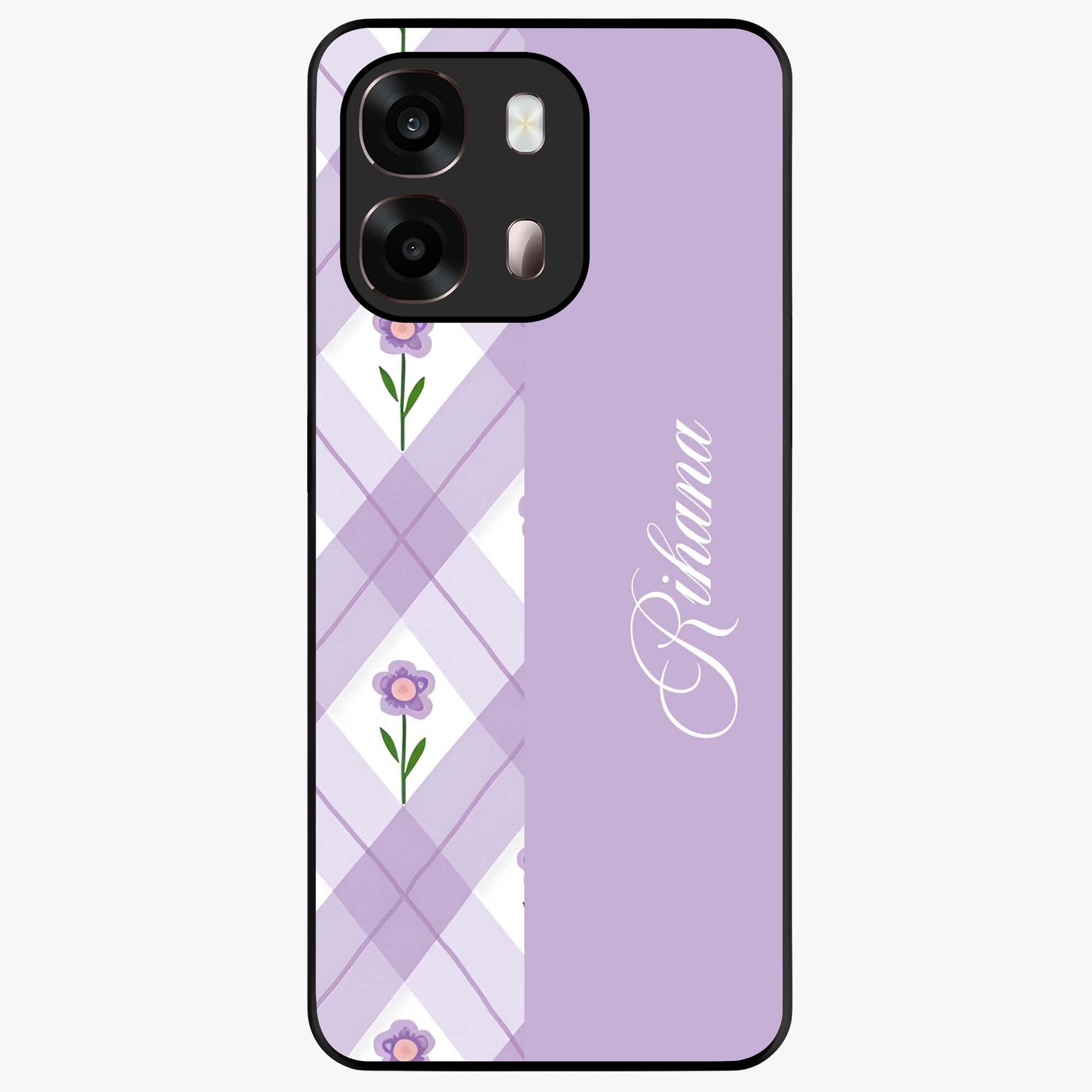 Purple Diamond Floral Glass Case showing flat back view with diamond shaped floral artwork and glossy glass finish.