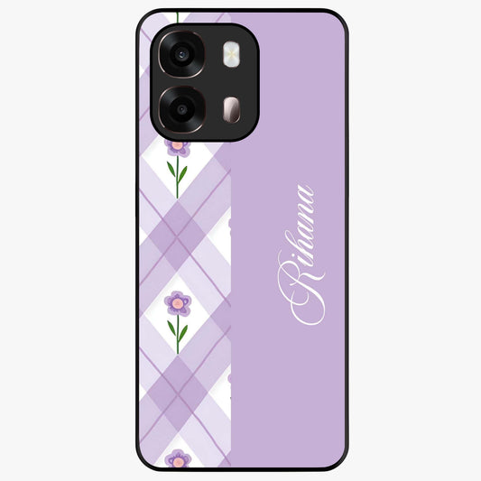 Purple Diamond Floral Glass Case showing flat back view with diamond shaped floral artwork and glossy glass finish.