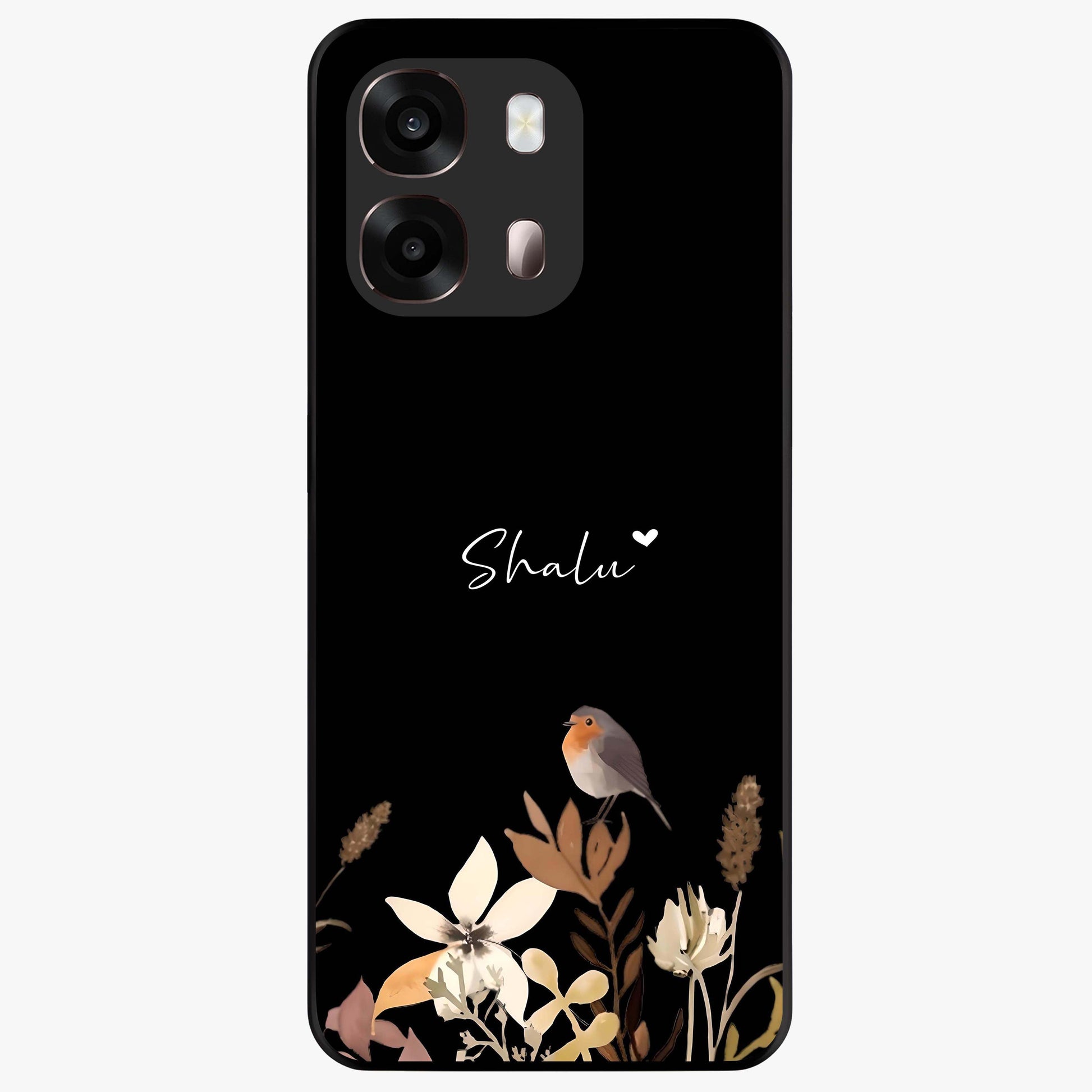Quiet Garden Tune Custom Name Glass Case showing flat back view with peaceful garden artwork and personalized name design.