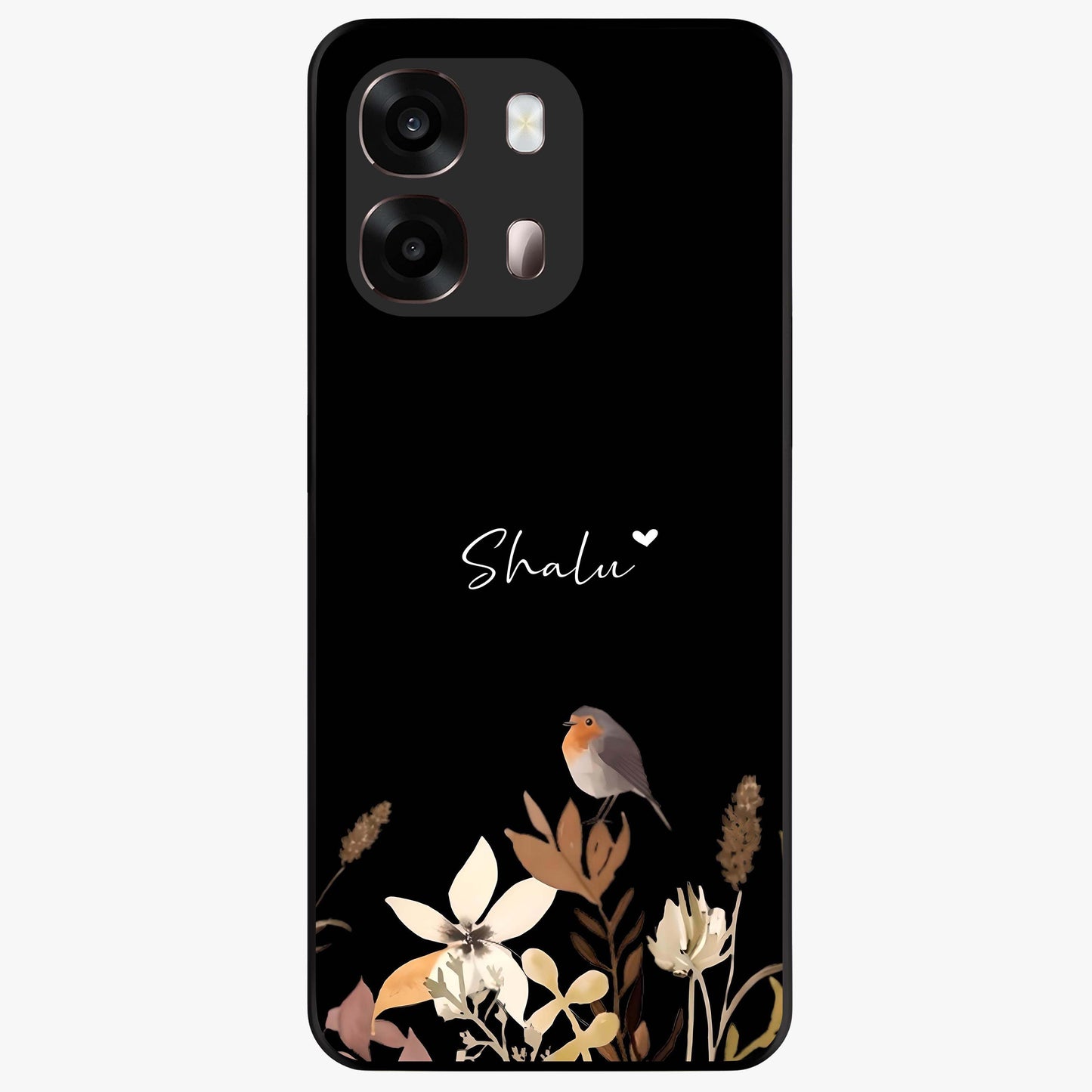Quiet Garden Tune Custom Name Glass Case showing flat back view with peaceful garden artwork and personalized name design.