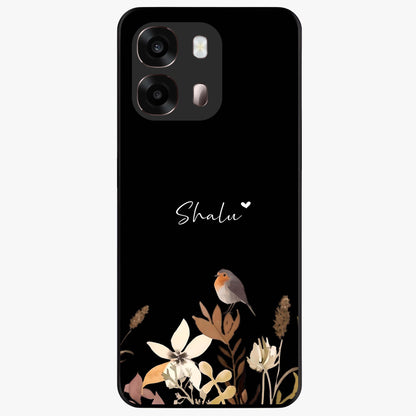 Quiet Garden Tune Custom Name Glass Case showing flat back view with peaceful garden artwork and personalized name design.