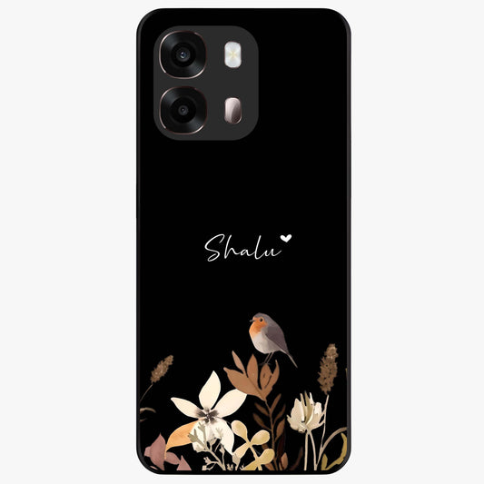 Quiet Garden Tune Custom Name Glass Case showing flat back view with peaceful garden artwork and personalized name design.