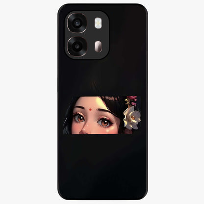Radha Divine Embrace Glass Case showing flat back view with devotional Radha artwork and glossy glass finish.