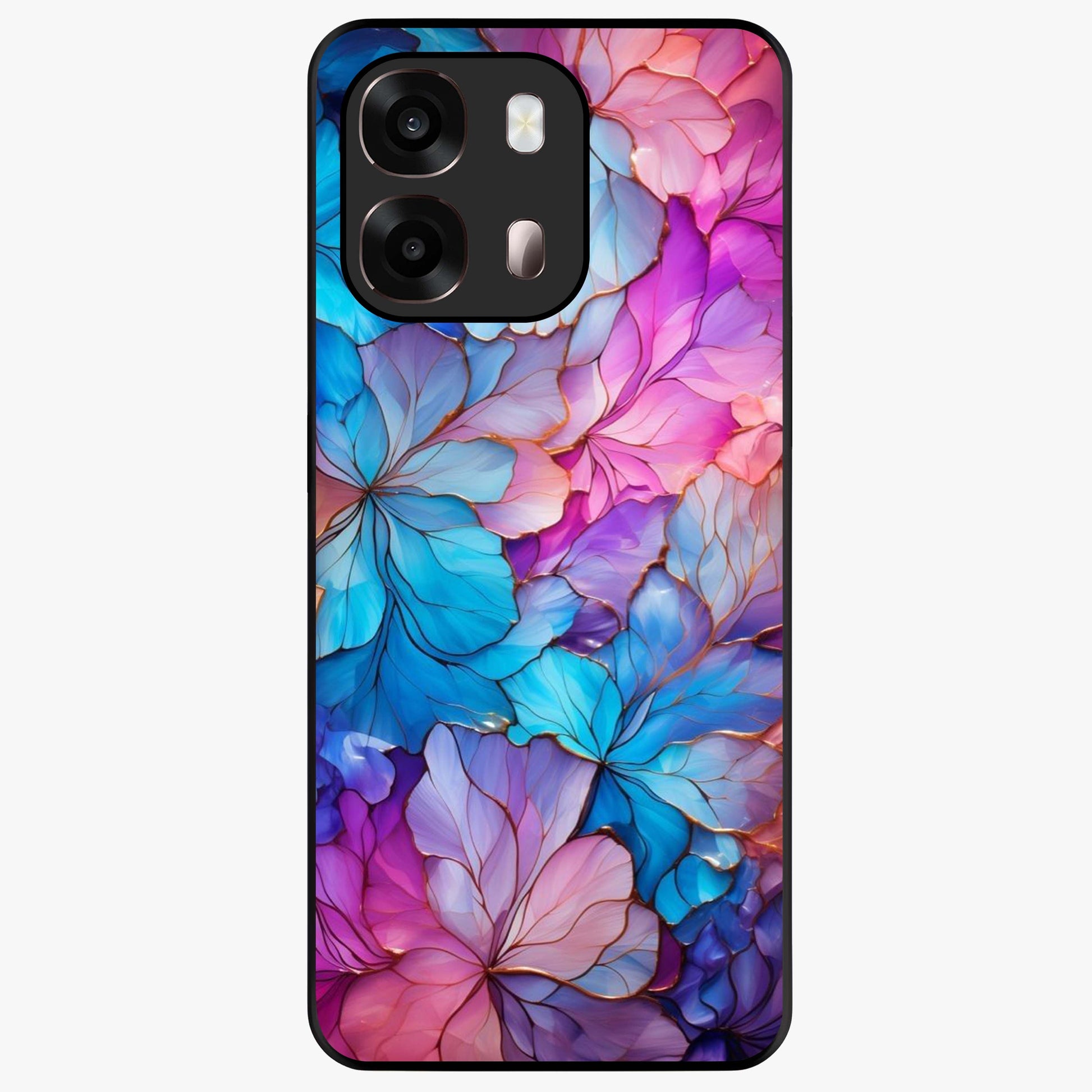 Radiant Floral Whirl Glass Case showing flat back view with swirling floral artwork and glossy glass finish.