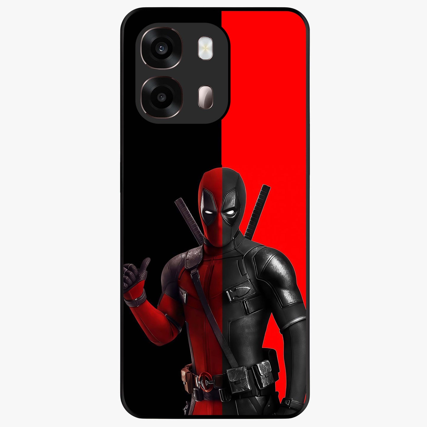 Red & Black Deadpool Theme Glass Case showing flat back view with bold comic inspired artwork and glossy glass finish.