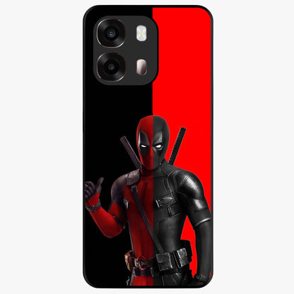 Red & Black Deadpool Theme Glass Case showing flat back view with bold comic inspired artwork and glossy glass finish.