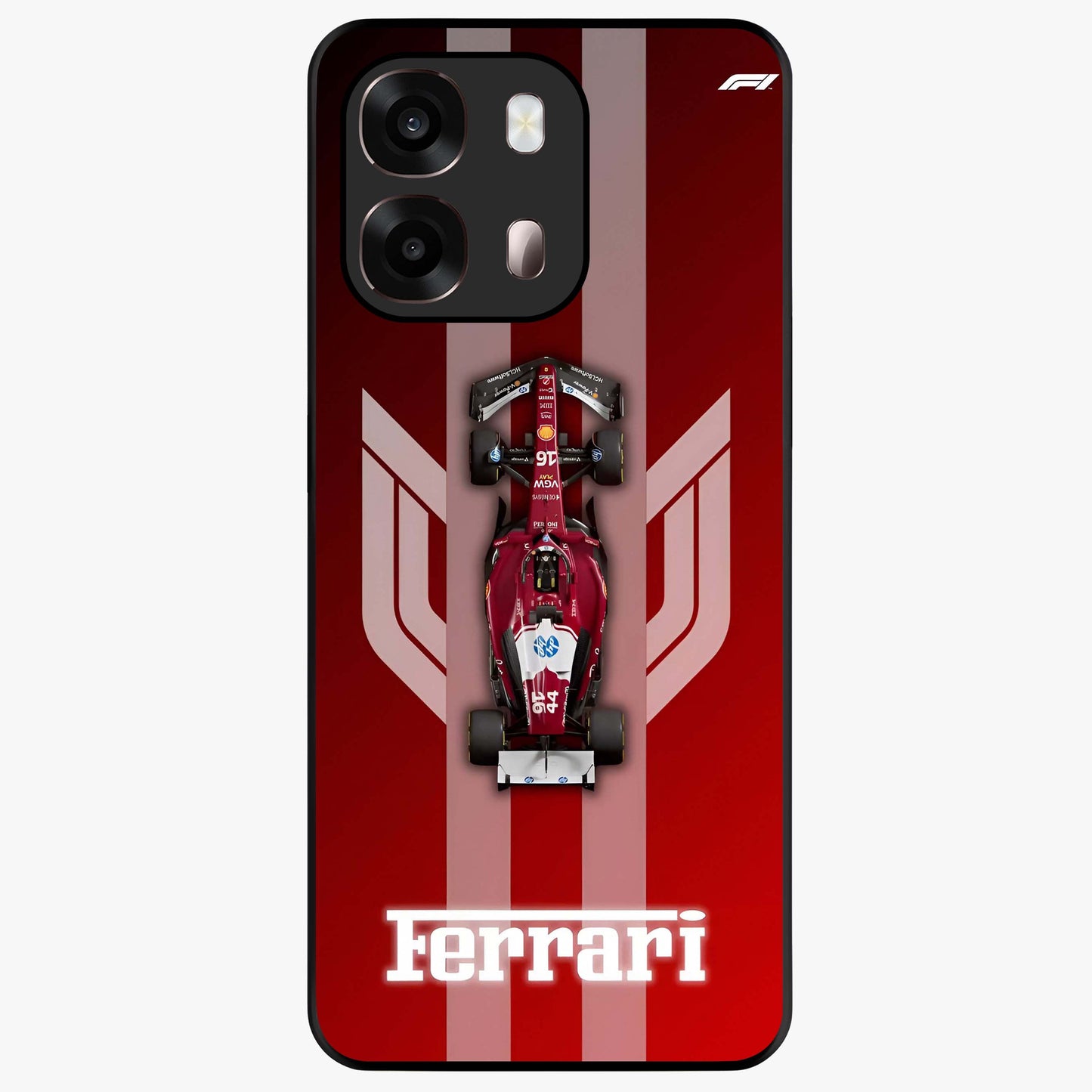 Red Ferrari F1 Vertical Glass Case showing flat back view with sleek Formula racing car artwork and glossy glass finish.