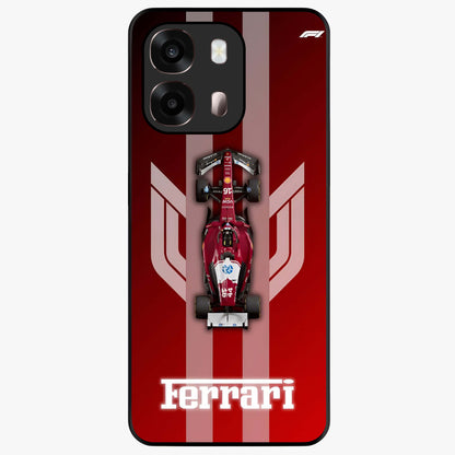Red Ferrari F1 Vertical Glass Case showing flat back view with sleek Formula racing car artwork and glossy glass finish.