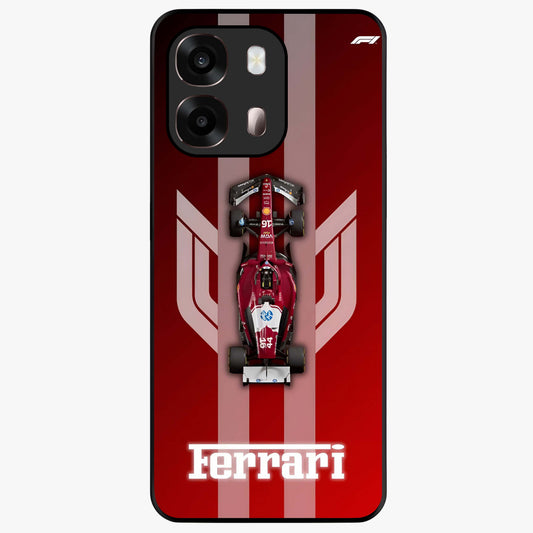 Red Ferrari F1 Vertical Glass Case showing flat back view with sleek Formula racing car artwork and glossy glass finish.