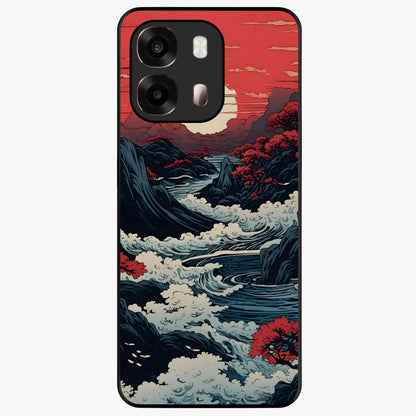 Red Sunset Scenery Glass Case showing flat back view with vibrant sunset landscape artwork and glossy glass finish.