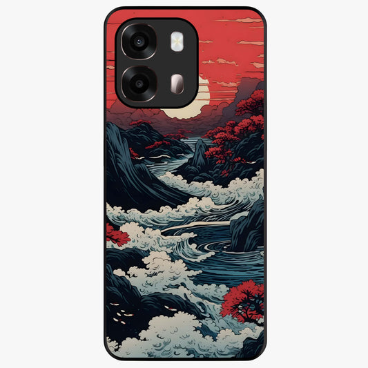 Red Sunset Scenery Glass Case showing flat back view with vibrant sunset landscape artwork and glossy glass finish.