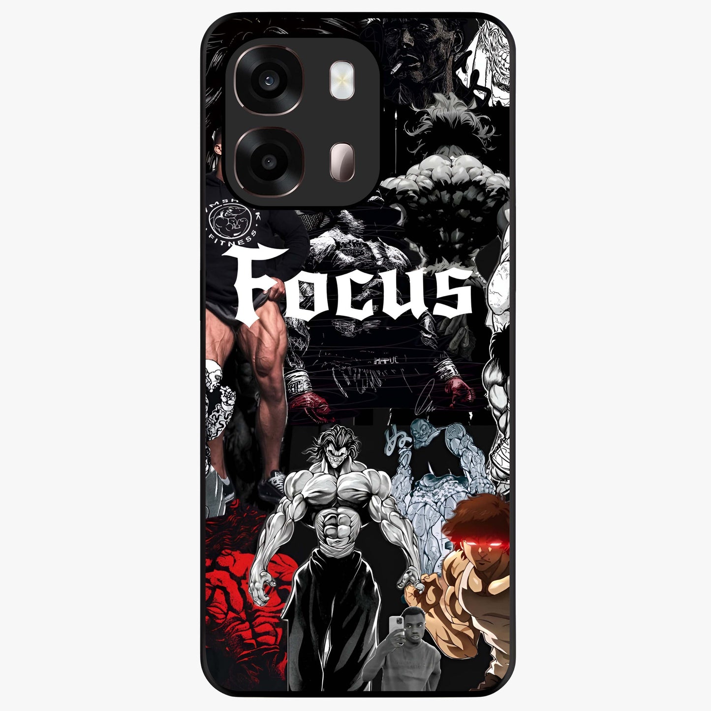 Relentless Power Focus Glass Case showing flat back view with motivational typography artwork and glossy glass finish.