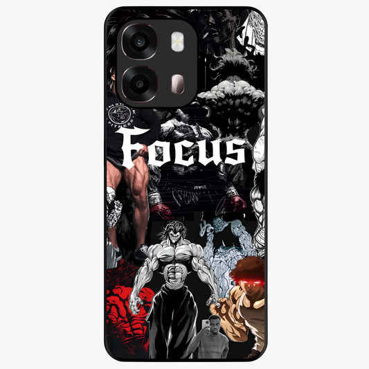 Relentless Power Focus Glass Case showing flat back view with motivational typography artwork and glossy glass finish.