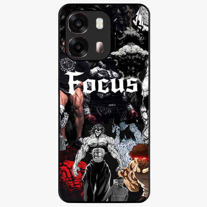 Relentless Power Focus Glass Case showing flat back view with motivational typography artwork and glossy glass finish.