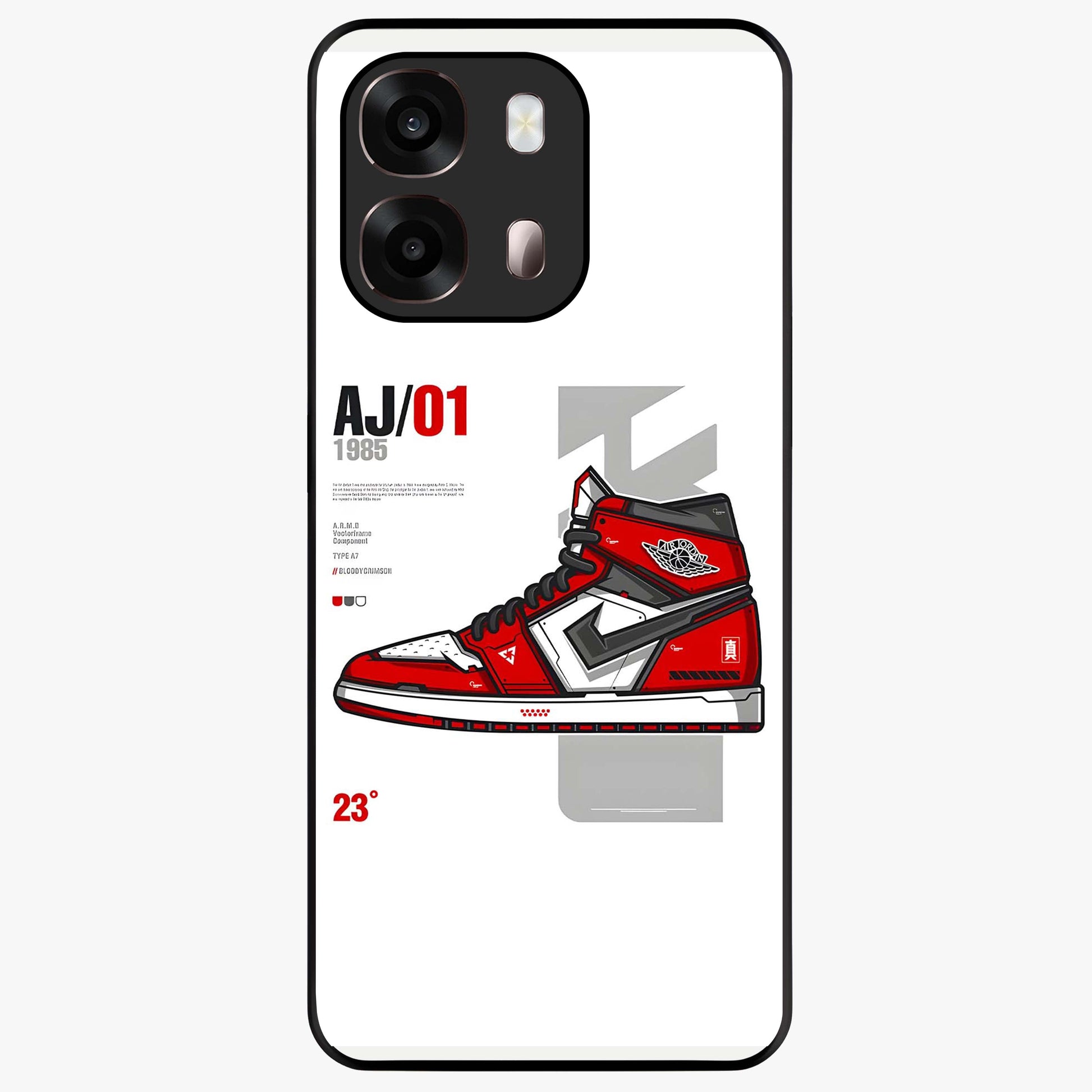 Retro Sneaker Blueprint Glass Case showing flat back view with sneaker blueprint style artwork and glossy glass finish.