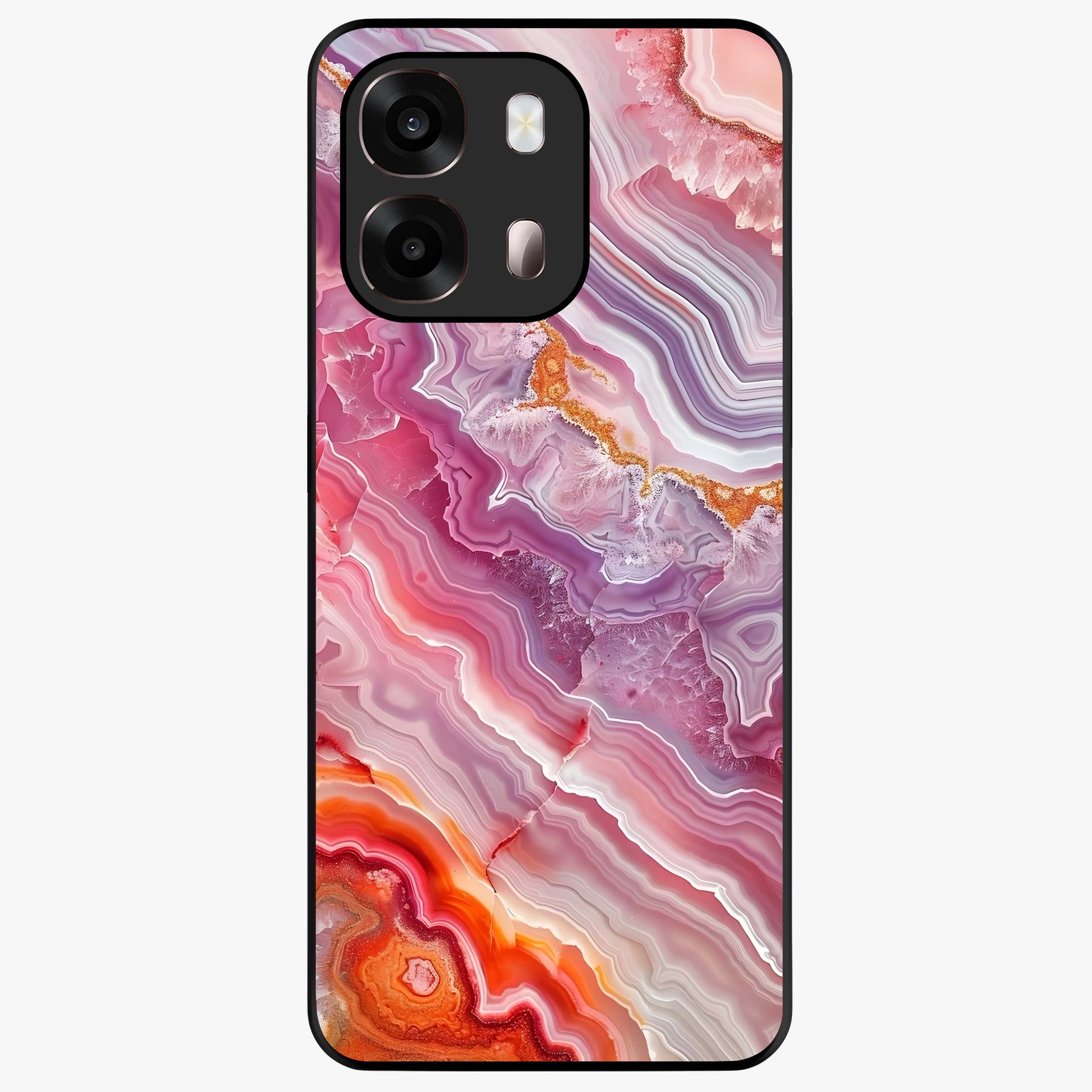 Rose Quartz Marble Glass Case showing flat back view with pink marble quartz texture artwork and glossy glass finish.
