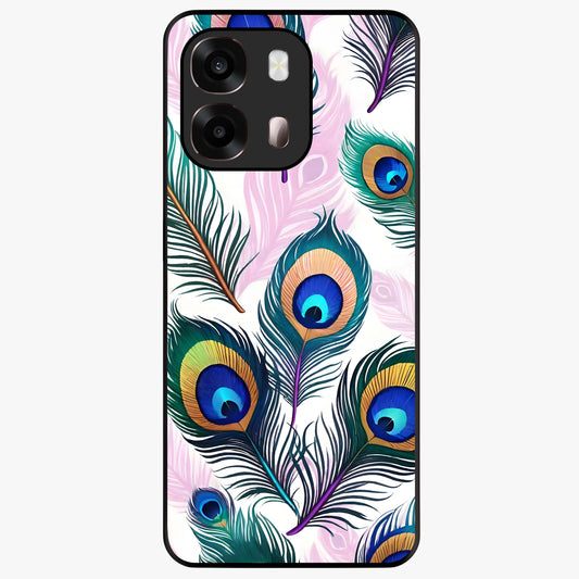 Royal Peacock Feathers Glass Case showing flat back view with colorful peacock feather artwork and glossy glass finish.