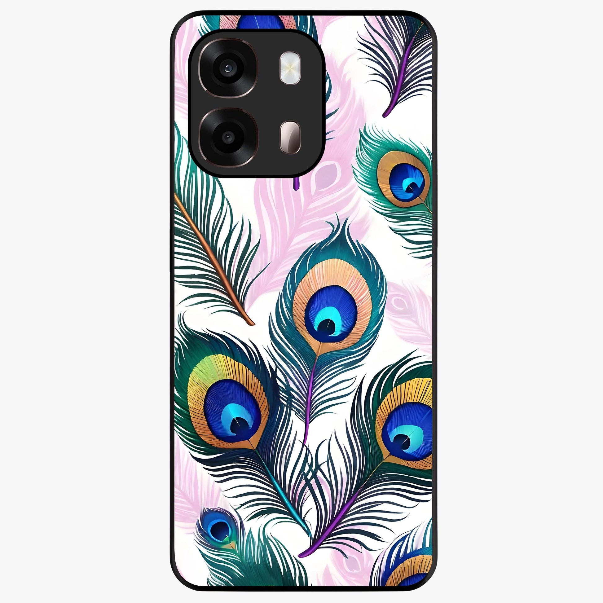 Royal Peacock Feathers Glass Case showing flat back view with colorful peacock feather artwork and glossy glass finish.