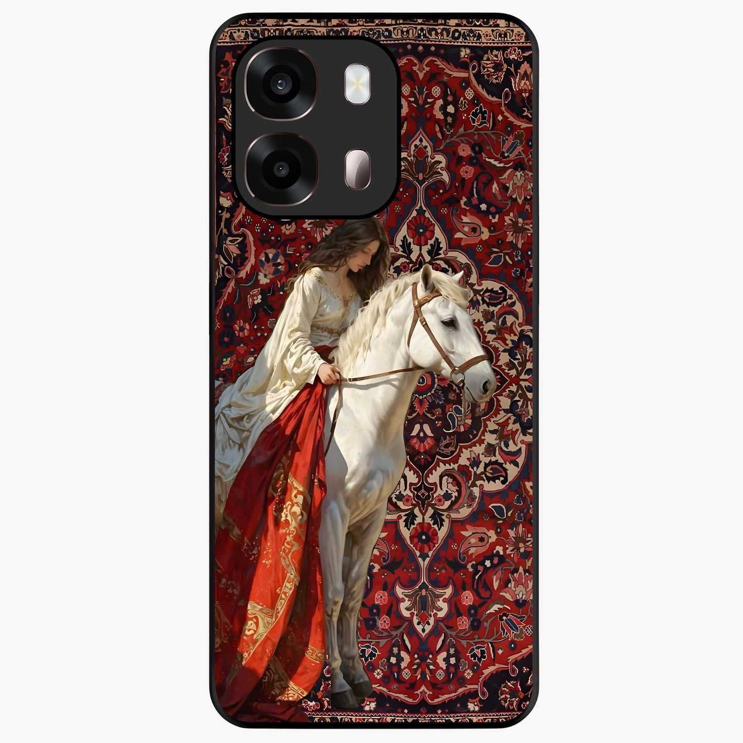 Royal Rider Tapestry Glass Case showing flat back view with majestic horse rider tapestry artwork and glossy glass finish.