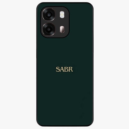 Sabr Minimal Patience Glass Case showing flat back view with minimalist typography artwork and glossy glass finish.