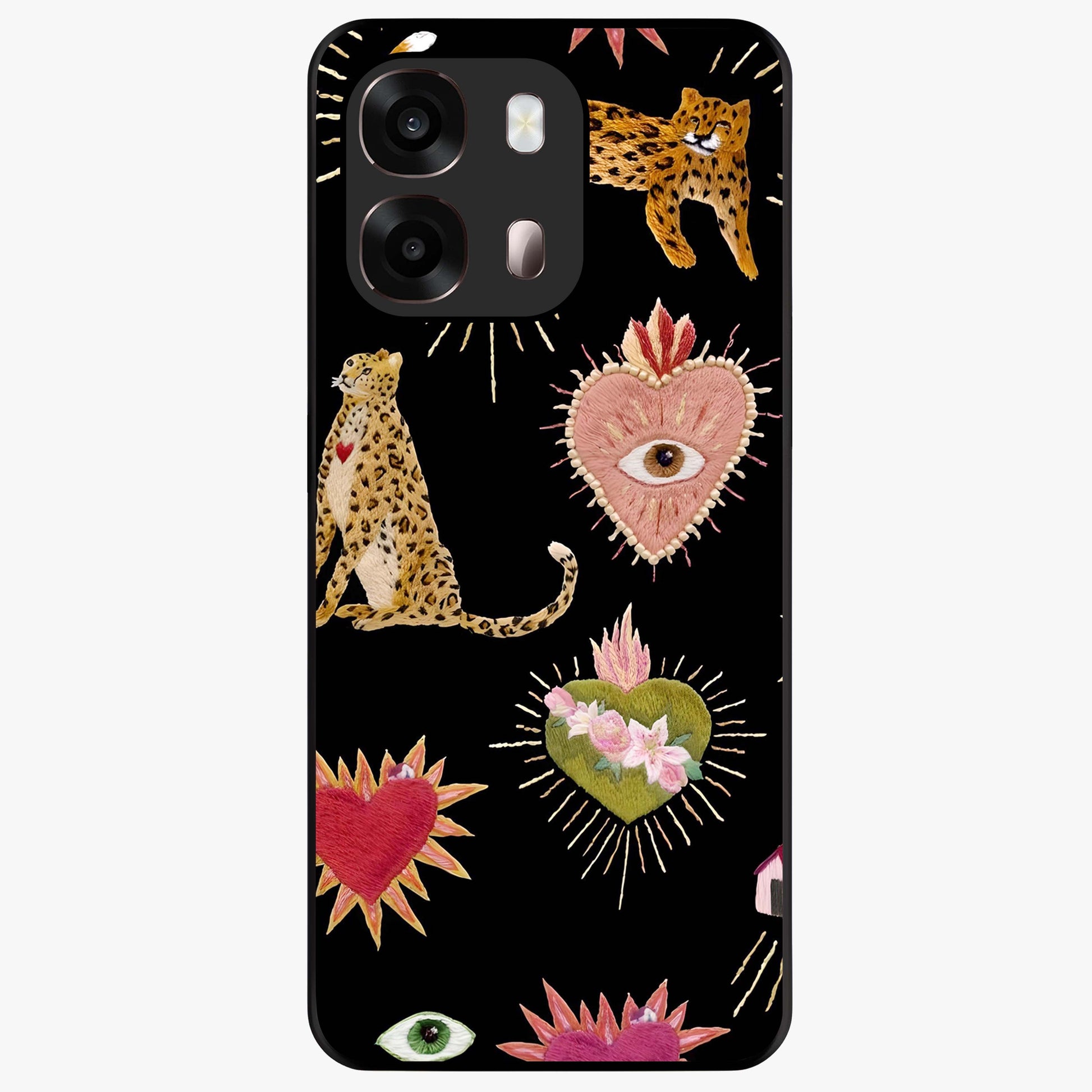 Sacred Jungle Heart Glass Case showing flat back view with jungle inspired heart artwork and glossy glass finish.